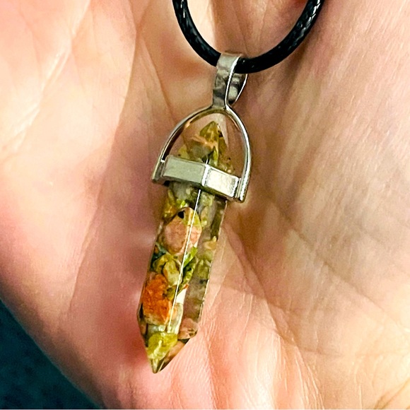 New Vegan Leather Sterling Silver Unakite Jasper Natural Stone Artisan Necklace - Picture 2 of 12